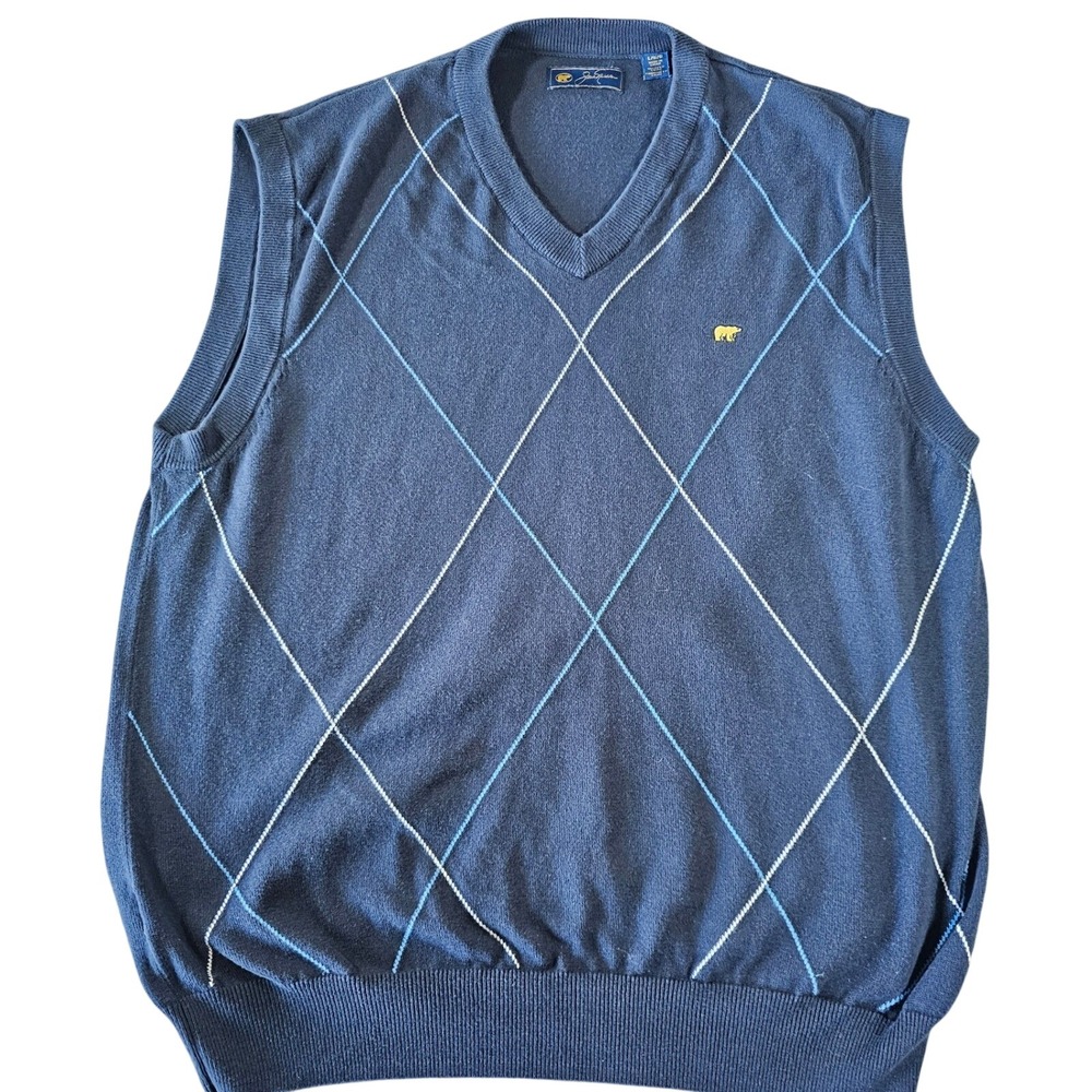 Vintage Jack Nicklaus Sweater Vest Mens Large Blue Argyle‎ V-Neck Cotton Golf